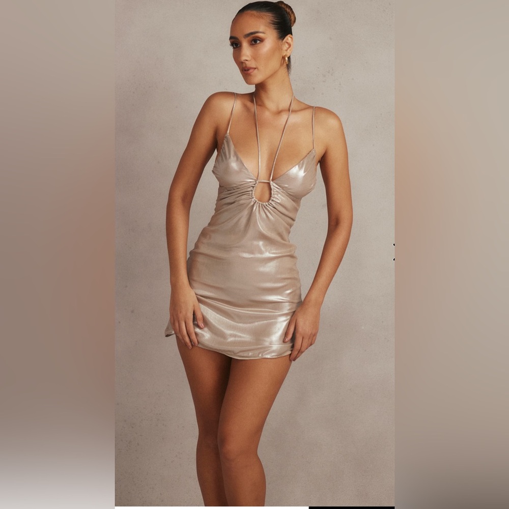 House of CB “Lucilla Beige Shimmer Mini Dress” Small NWOT